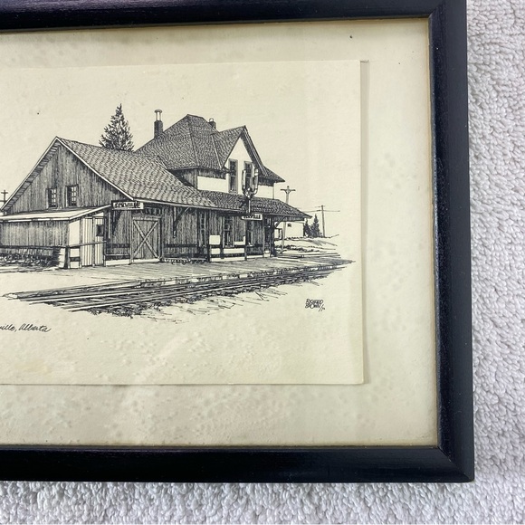 Vintage Eckville Alberta Framed Black and White Train Station Sketch - Picture 5 of 12